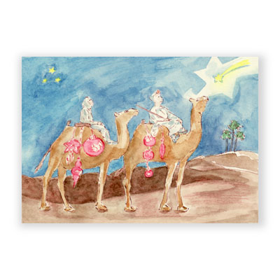 christliche Weihnachtskarten: zwei Kamelreiter mit dem Weihnachtsstern in der Wüste