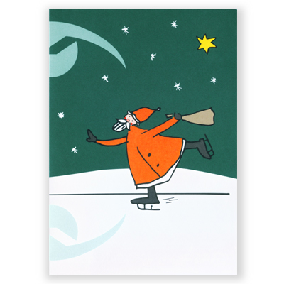 geschäftliche Weihnachtskarten mit Firmenlogo: schlittschuhlaufender Weihnachtsmann