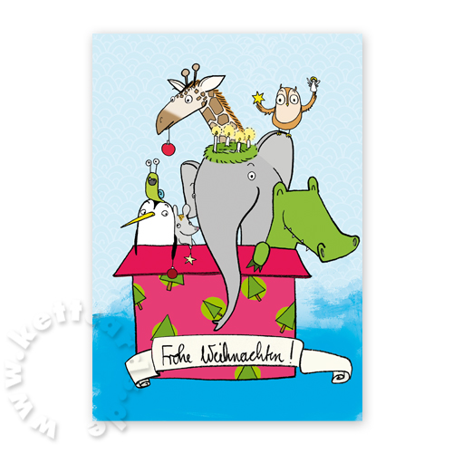 Frohe Weihnachten! Weihnachtskarten mit witzigen Tieren: Giraffe, Schnecke, Maus, Pinguin, Elefant, Eule und Krokodil