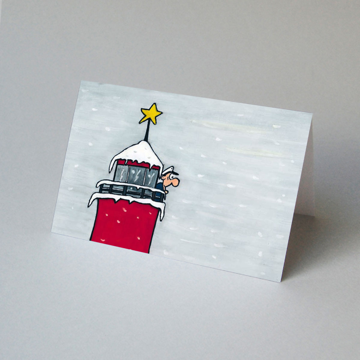 Leuchtturm mit Leuchtturmwächter, Cartoon-Weihnachtskarten von der Küste