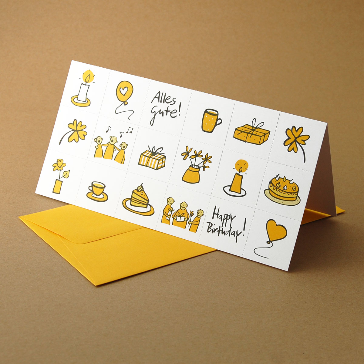 Happy Birthday! Alles Gute! gelbe Glückwunschkarten mit gelben Umschlägen