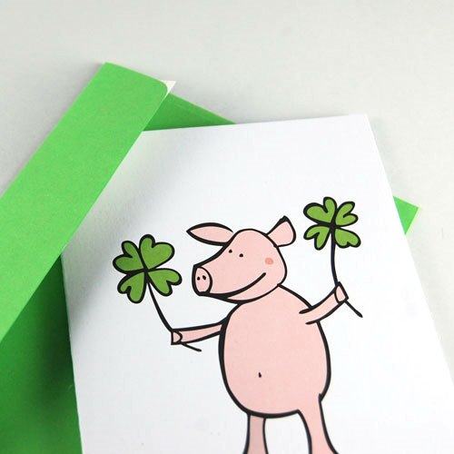 Schwein mit Glücksklee - Recycling-Glückwunschkarten mit hellgrünen Umschlägen