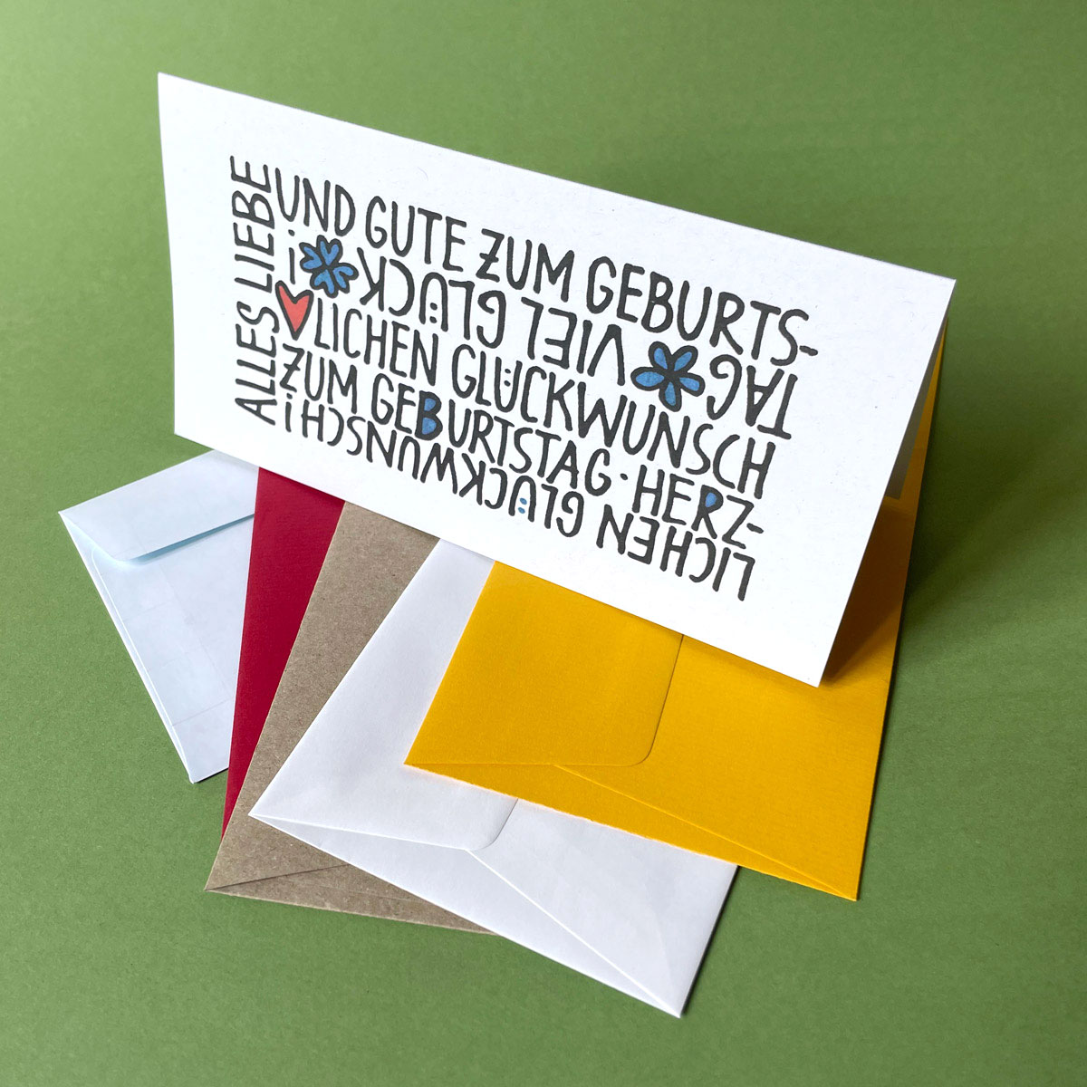 Alles Liebe und Gute zum Geburtstag, Geburtstagskarten mit Handlettering - Glückwunschkarten mit farbigen Umschlägen