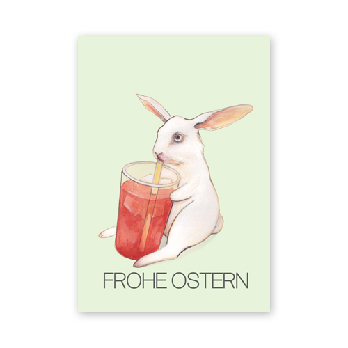 Hase trinkt mit einem Strohhalm aus einem Glas, Osterkarten
