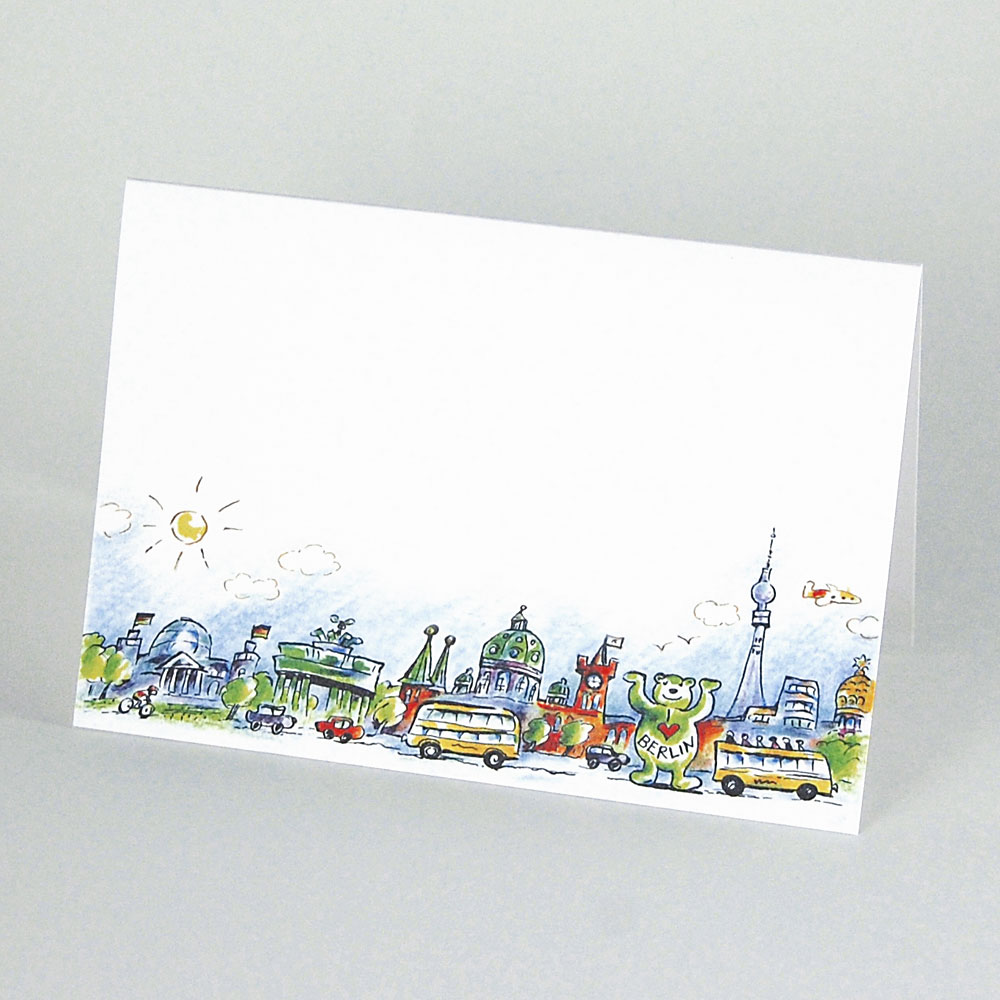 Berlin-Skyline, witzige Grußkarten mit Reichstag, Brandenburger Tor, Nikolaikirche, Dom, rotem Rathaus, Fernsehturm und Synagoge