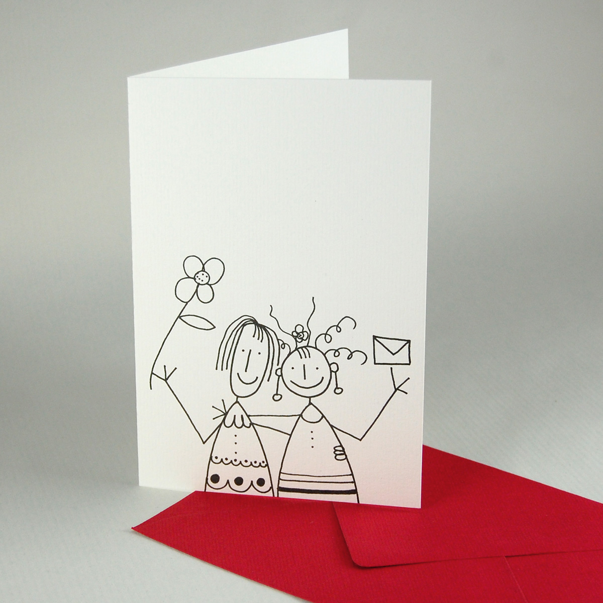 zwei Mädels mit Brief und Blume. Freundinnenkarten mit roten Umschlägen