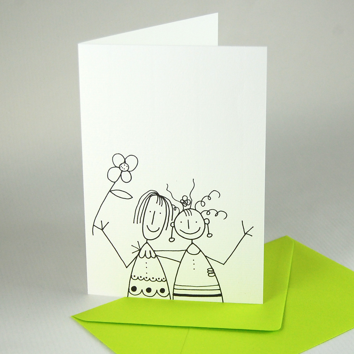 zwei Frauen mit Blume. witzige Grußkarten mit farbigen Umschlägen