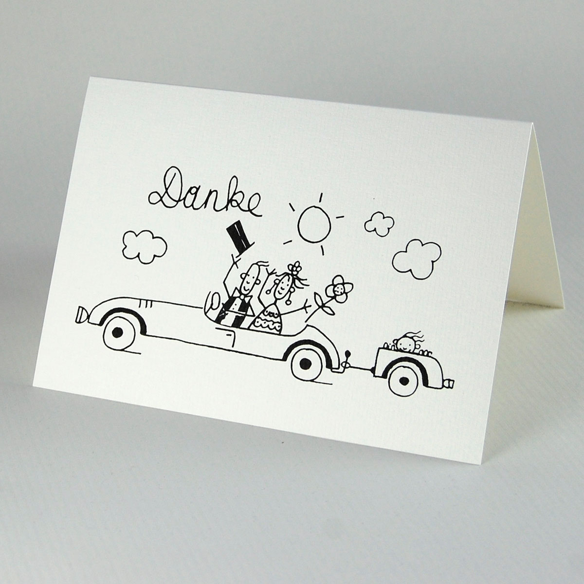 Danke, Brautpaar mit Kind im Auto, Karten für nach der Hochzeit