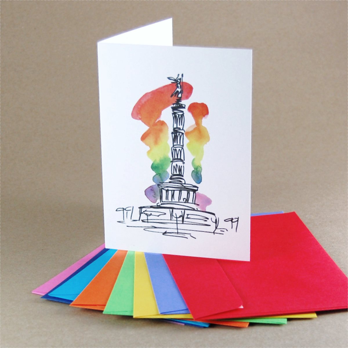 Siegessäule in Regenbogenfarben, Recyclingklappkarten mit bunten Umschlägen, Gay Pride