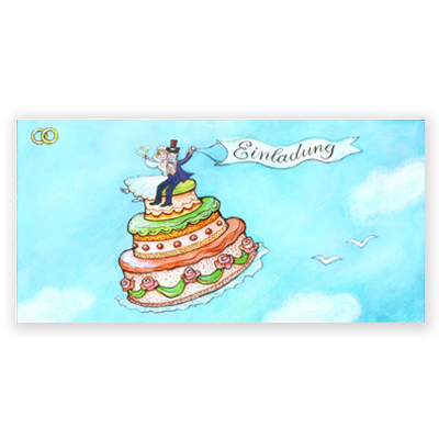 Einladung + Brautpaar auf einer Torte, gezeichnete Hochzeitskarten