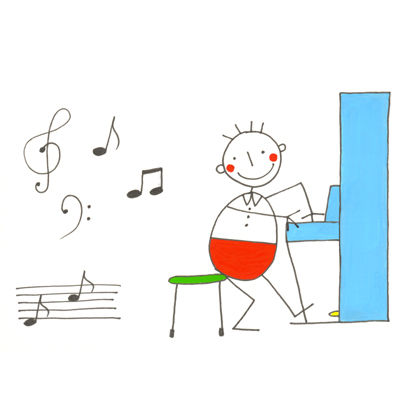 Junge am Klavier, Illustrationen mit Strichmännchen