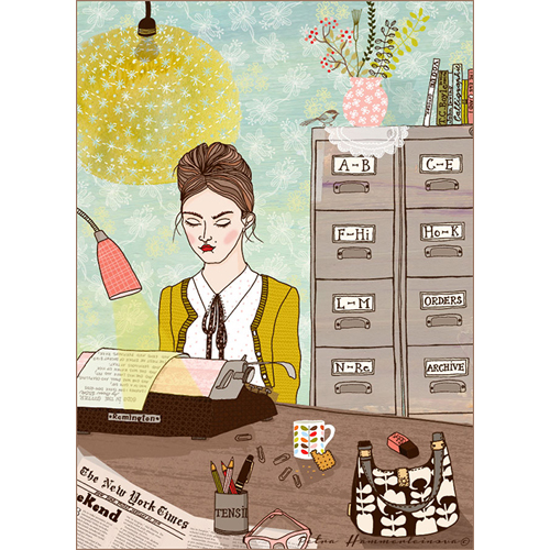 Die Sekretrin, Editorial-Illustration, inspiriert von der Herbst/Winter 2013 Kollektion der britischen Designerin Orla Kiely.