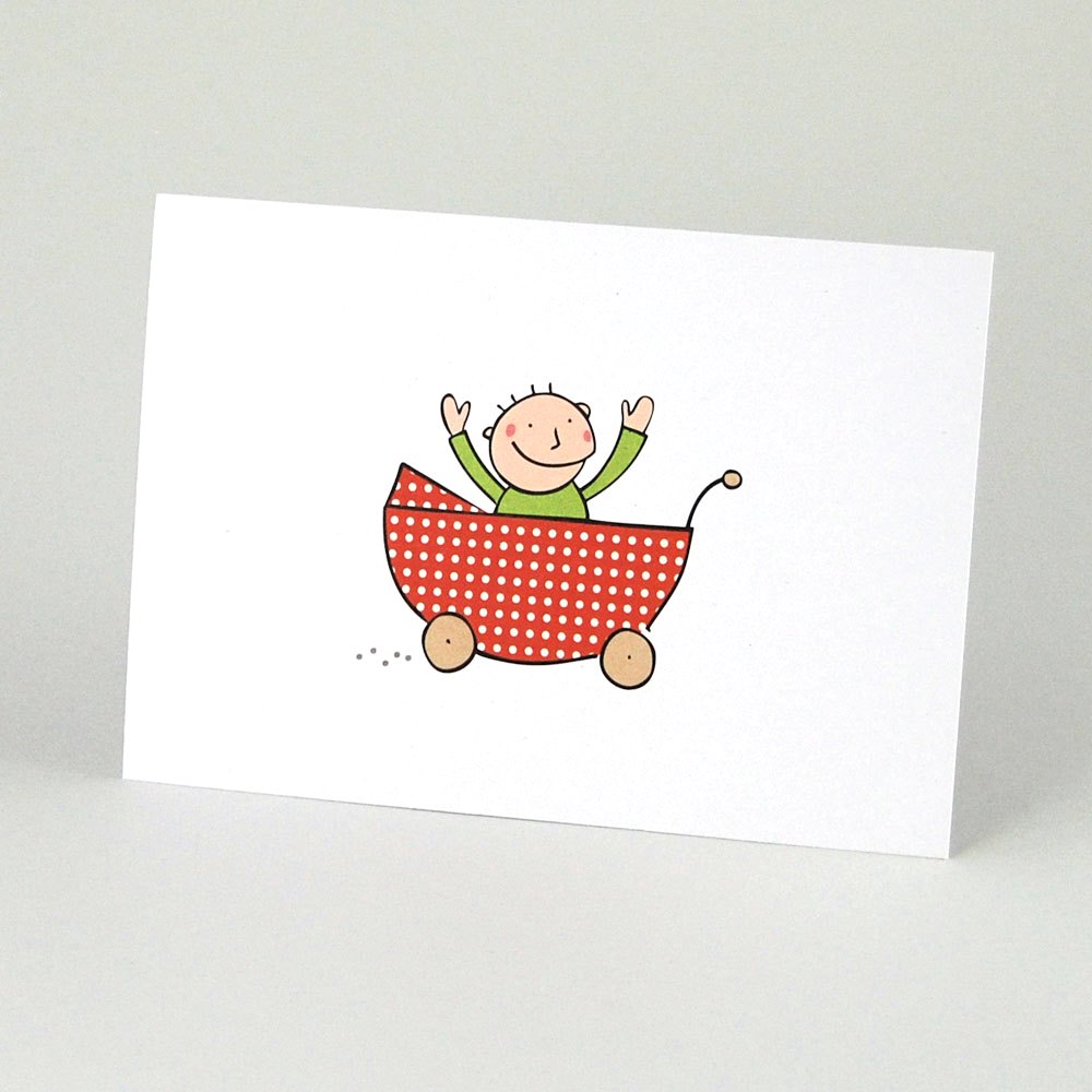 Kind ist da! illustrierte Geburtsanzeigen mit Baby im Kinderwagen, witzige Postkarten