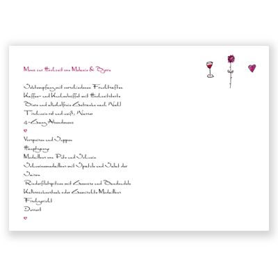 Rose, Weinglas, Herz, Tischset aus Papier mit aufgedrucktem Menü