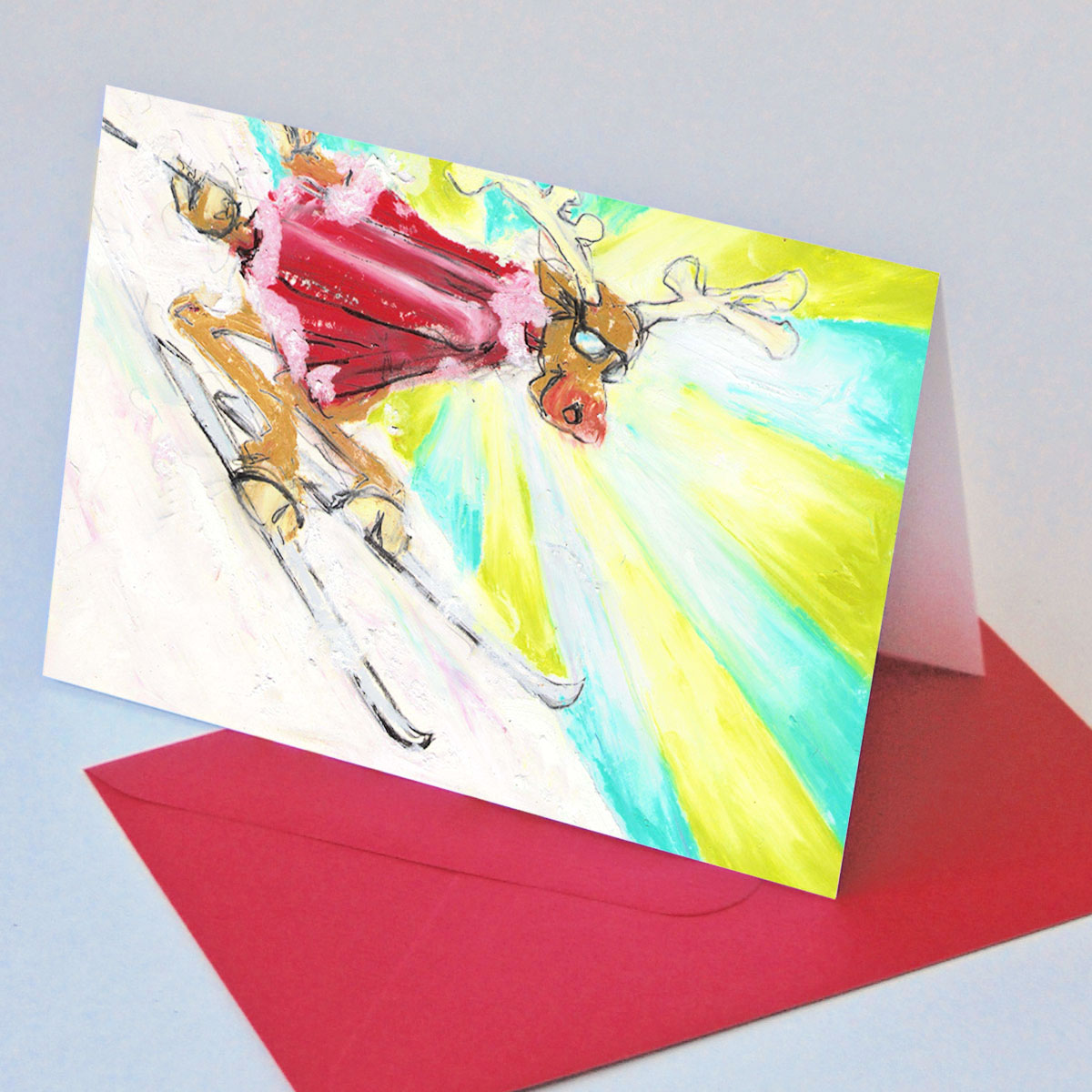 skifahrendes Rentier, schrille Weihnachtskarten mit farbigen Umschlägen