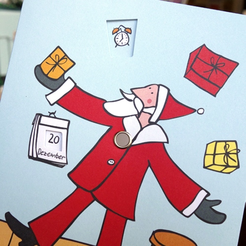 Der Weihnachtsmann jongliert mit Geschenken, mechanische Adventskarten mit Parkscheibe