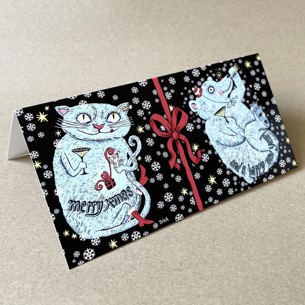merry x-mas and a happy new year! Weihnachtskarten mit Bär und Katze