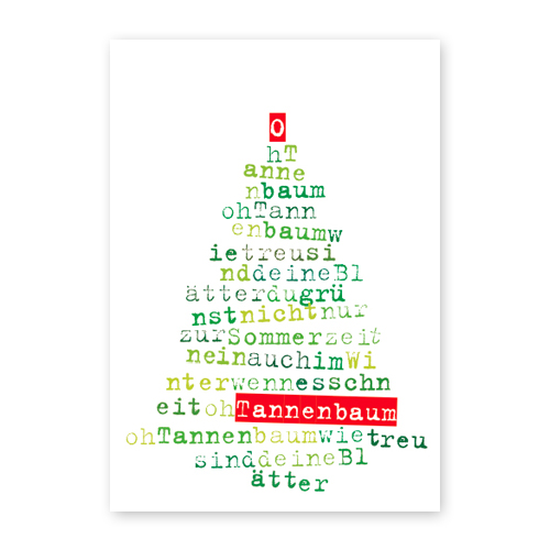 Weihnachtskarten mit einem Weihnachtsbaum aus Buchstaben, Oh Tannenbaum...
