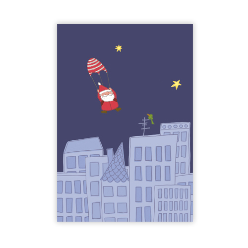 Der Weihnachtsmann springt mit einem Fallschirm vom Himmel, Weihnachtskarten mit Platz für individuellem Firmentext auf der Vorderseite der Karte
