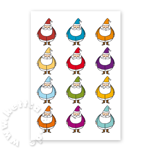 bunte Weihnachtskarten mit 12 Weihnachtsmännern, Druck in Ihren Logofarben möglich