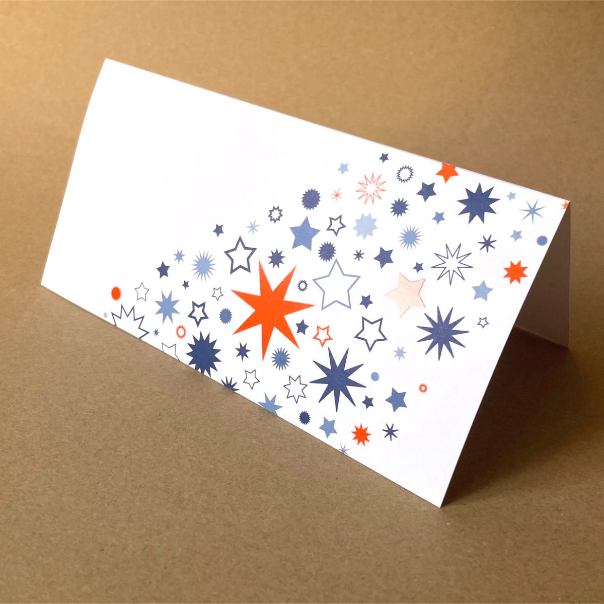orange und blaue Sterne - Design-Weihnachtskarten für Unternehmen