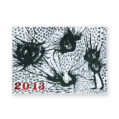 Jahreszahl mit drei Klecksmonstern, Neujahrskarten