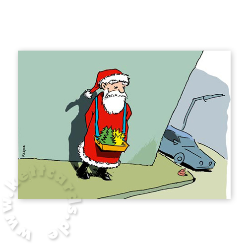 Weihnachtsmann an der Straßenecke mit einem Bauchladen, melancholische Weihnachtskarten