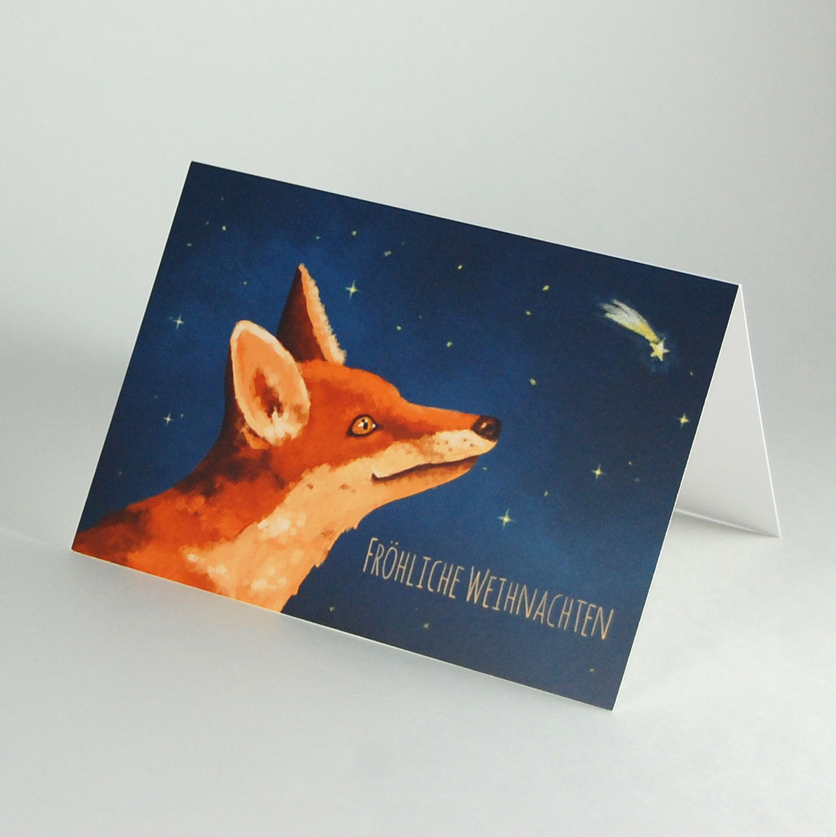 Fröhliche Weihnachten, gemalte Weihnachtskarten mit Fuchs und Sternenhimmel