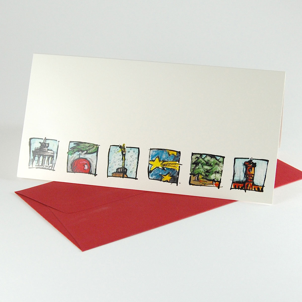 Weihnachtskarten mit handgezeichneten Berliner Motiven und schönen roten Umschlägen